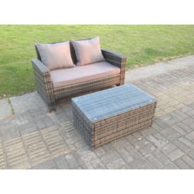 Dark Mixed Grey High Back Rattan Garden Furniture 2 Seater Love Seat Sofa With Oblong Coffee Table - thumbnail 1