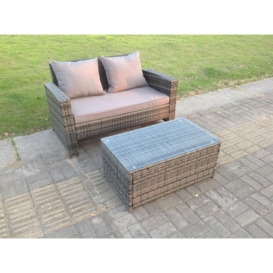 Dark Mixed Grey High Back Rattan Garden Furniture 2 Seater Love Seat Sofa With Oblong Coffee Table