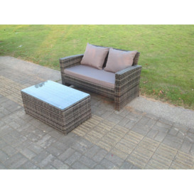 Dark Mixed Grey High Back Rattan Garden Furniture 2 Seater Love Seat Sofa With Oblong Coffee Table - thumbnail 2