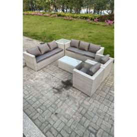 6 PC Light Grey Outdoor PE Rattan Garden Furniture Set Wicker Sofa Coffee Table 2 Armchair - thumbnail 1