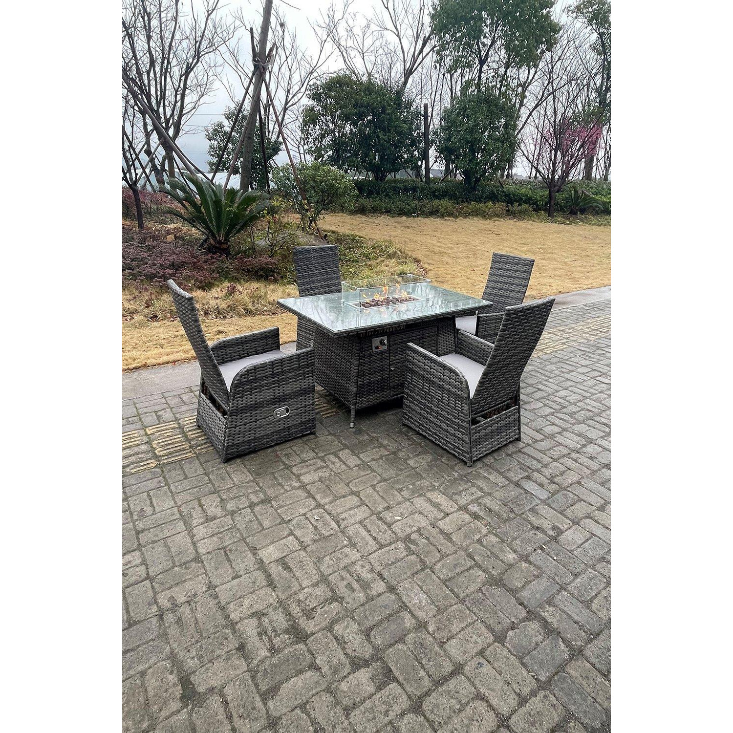 Rattan Gas Fire Pit Oblong Dining Table Gas Heater Adjustable Chair And Table Set 4 Seat - image 1