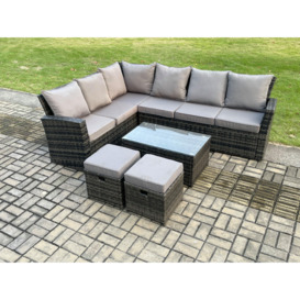 8 Seater Outdoor Furniture Garden Dining Set Rattan Corner Sofa Set with Rectangular Coffee Table 2 Small Footstools
