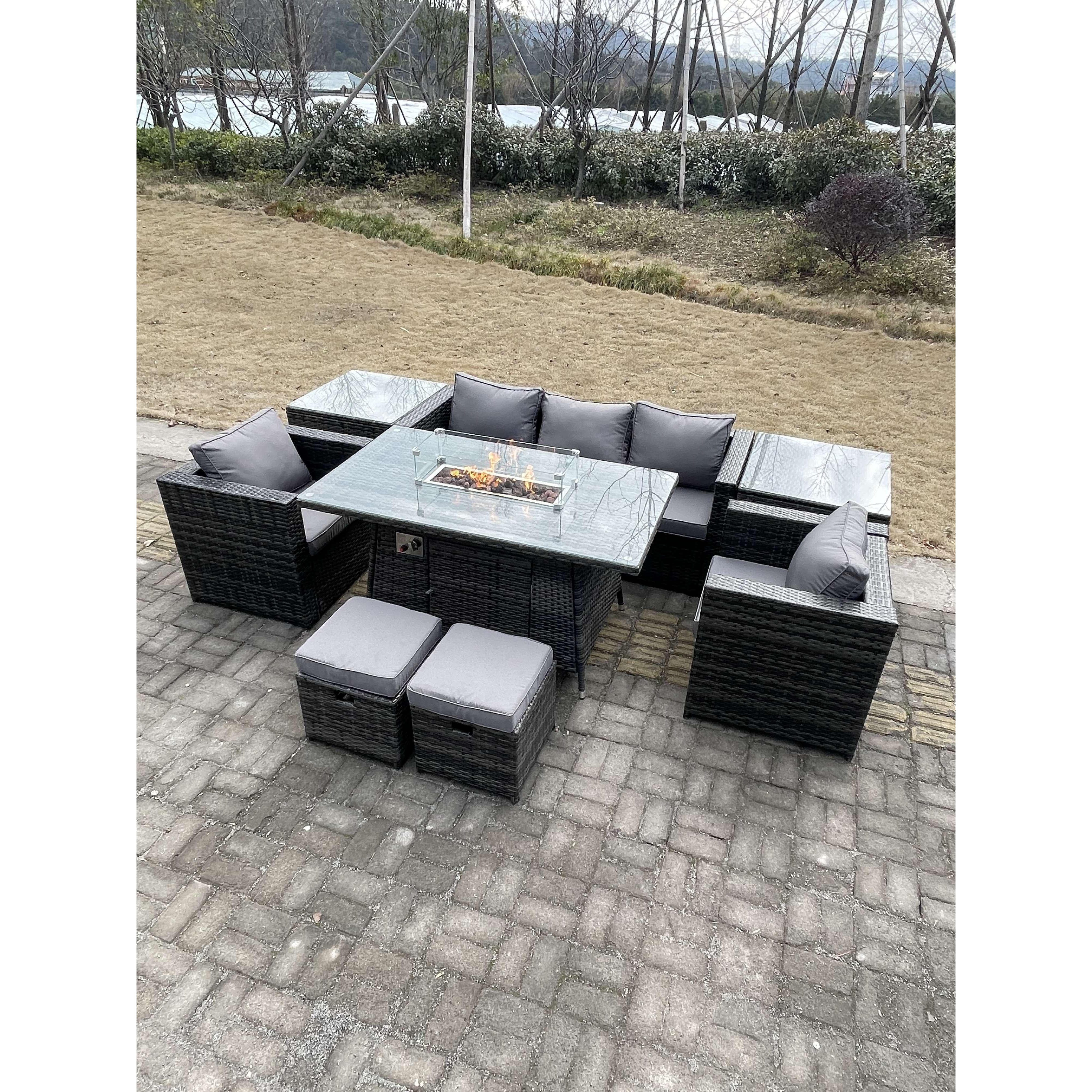Outdoor PE Rattan Garden Furniture Gas Fire Pit Dining Table Armchairs With 2 Side Coffee Table Stools - image 1
