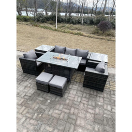 Outdoor PE Rattan Garden Furniture Gas Fire Pit Dining Table Armchairs With 2 Side Coffee Table Stools