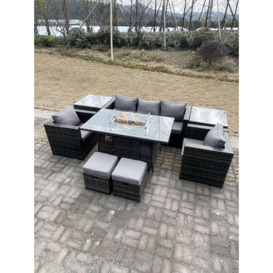 Outdoor PE Rattan Garden Furniture Gas Fire Pit Dining Table Armchairs With 2 Side Coffee Table Stools - thumbnail 3