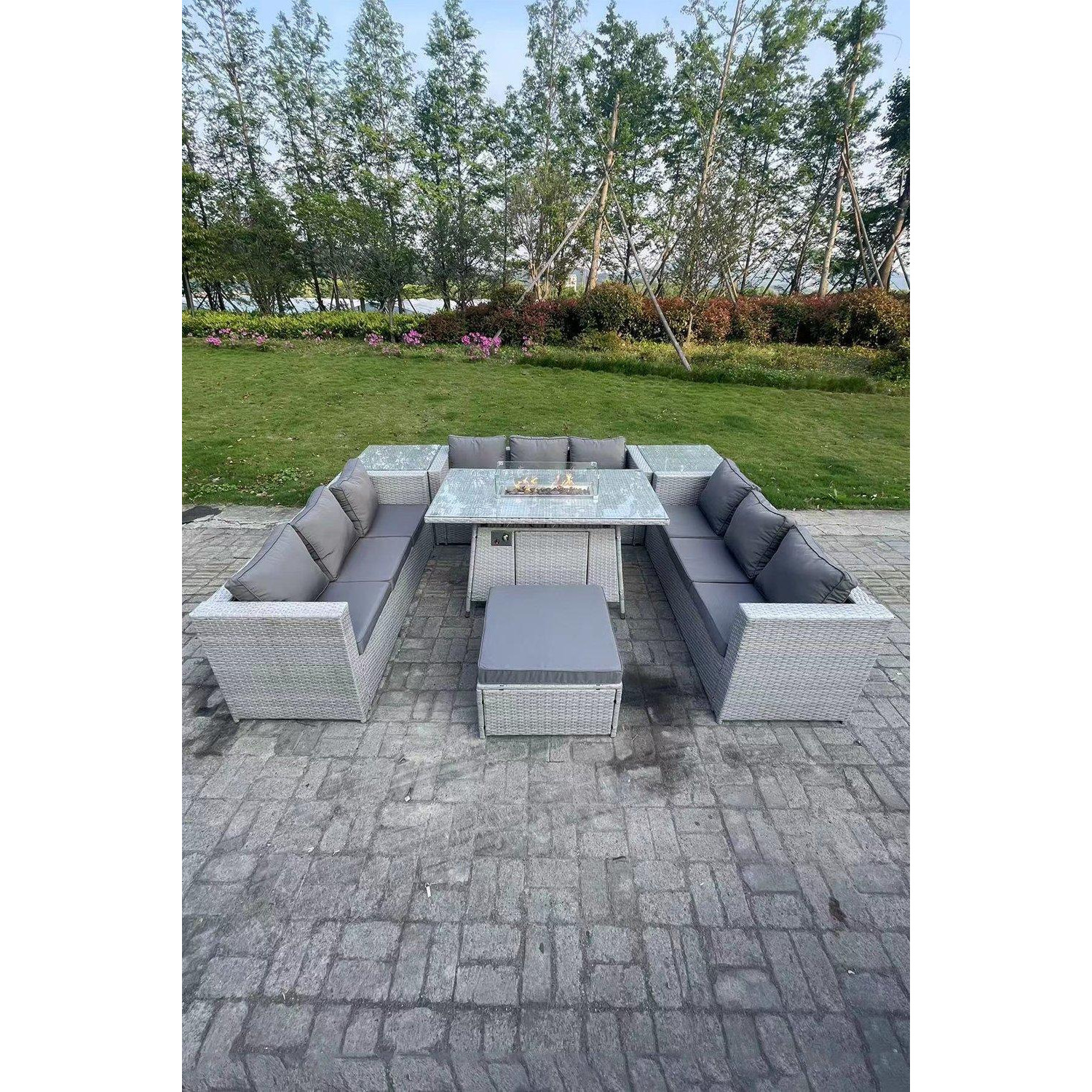 Light Grey U Shape Lounge Sofa Dining Set Gas Heater Fire pit Burner 2 PC Tea Table Footstool - image 1