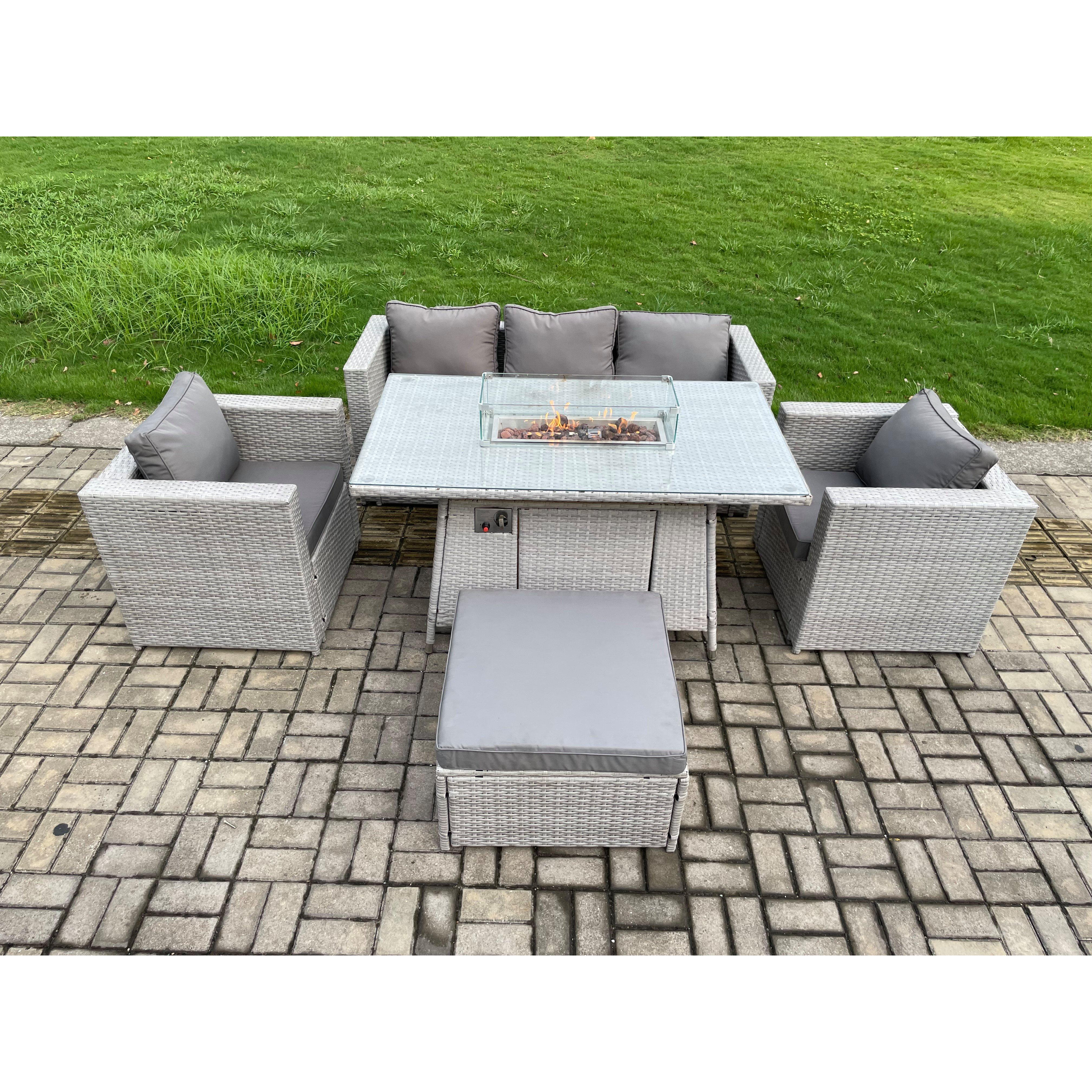 Outdoor PE Rattan Garden Furniture Gas Fire Pit Dining Table Armchairs With Big Footstool Light Grey - image 1
