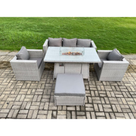 Outdoor PE Rattan Garden Furniture Gas Fire Pit Dining Table Armchairs With Big Footstool Light Grey