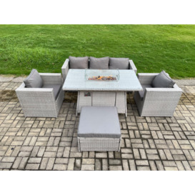Outdoor PE Rattan Garden Furniture Gas Fire Pit Dining Table Armchairs With Big Footstool Light Grey - thumbnail 3