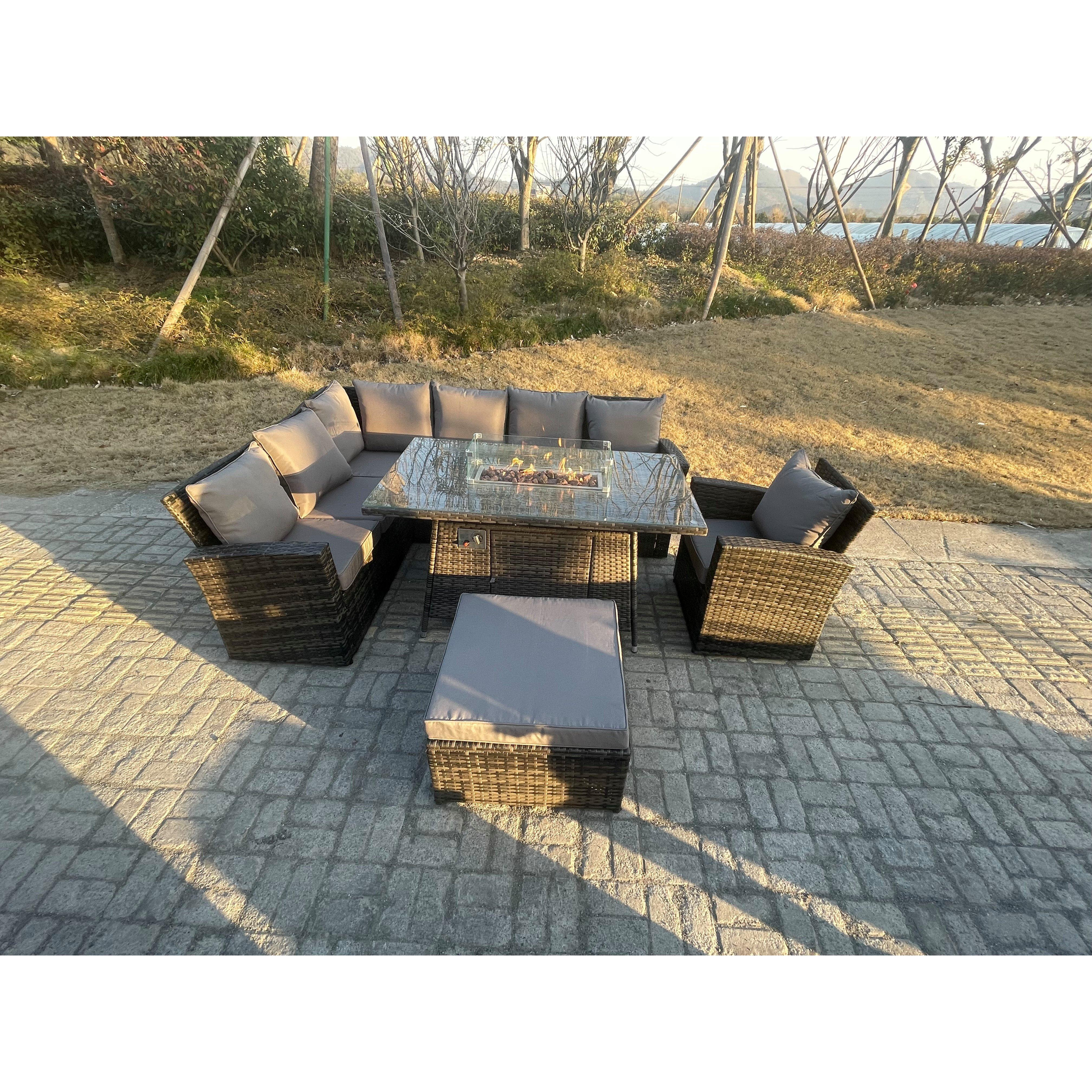 High Back Rattan Garden Furniture Sets Gas Fire Pit Dining Table  Left Corner Sofa Big Footstools Chair 8 Seater - image 1