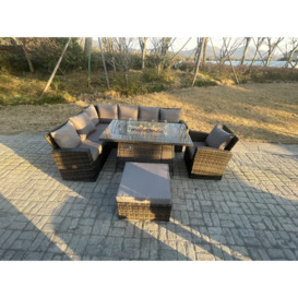 High Back Rattan Garden Furniture Sets Gas Fire Pit Dining Table  Left Corner Sofa Big Footstools Chair 8 Seater
