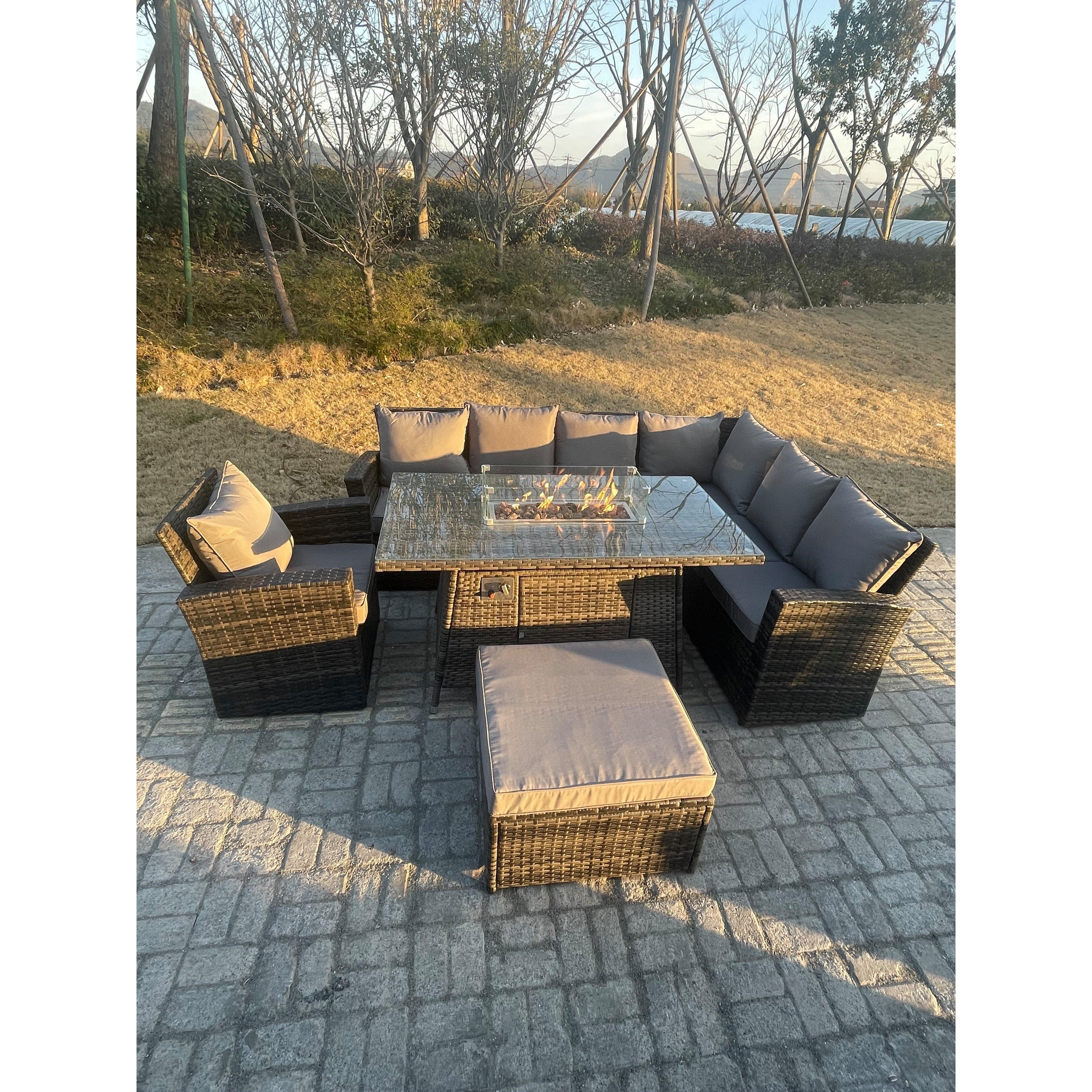High Back Rattan Garden Furniture Sets Gas Fire Pit Dining Table  Right Corner Sofa Big Footstools Chair 8 Seater - image 1