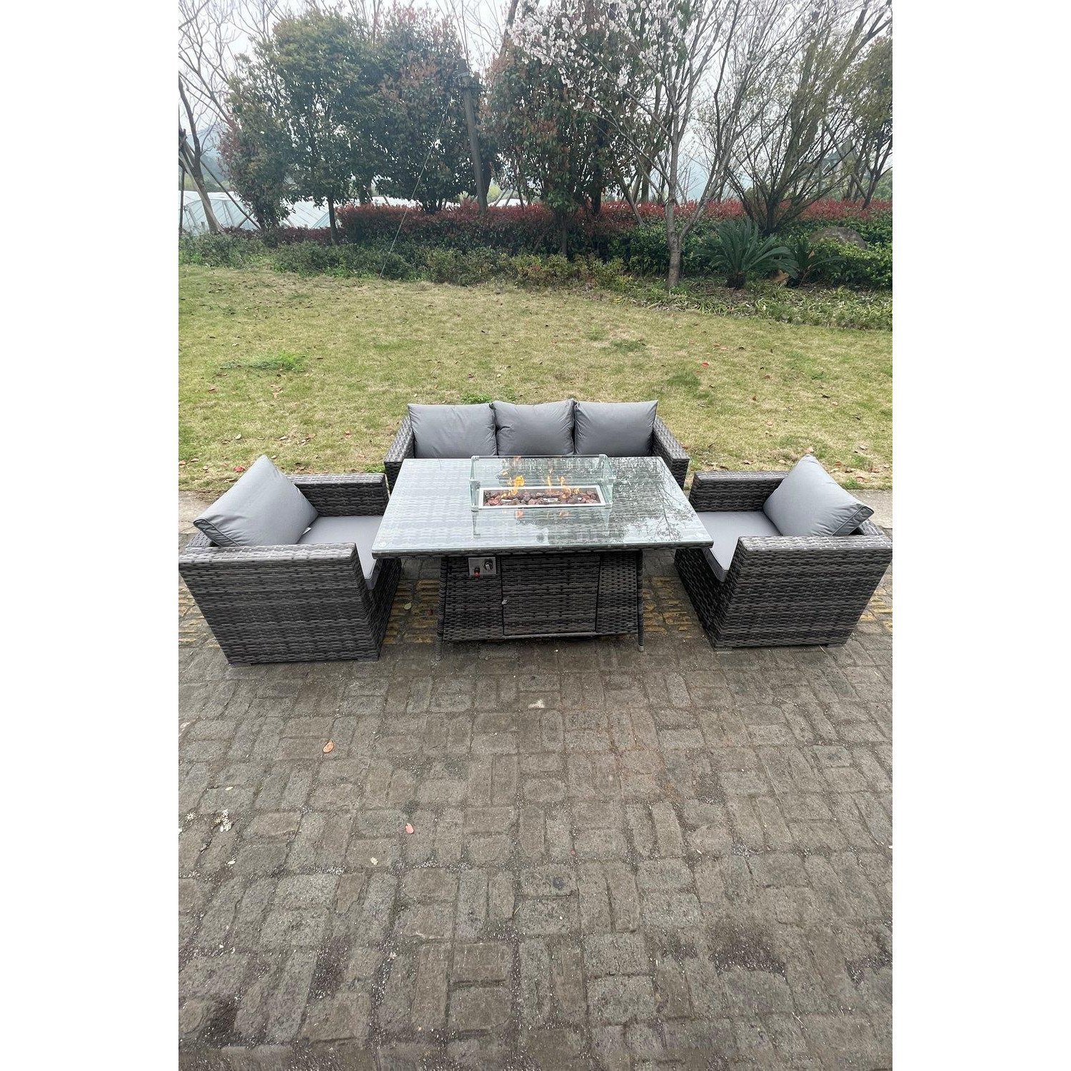 5 Seater Outdoor PE Rattan Garden Furniture Gas Fire Pit Dining Table Lounge Sofa 2 PC Armchairs - image 1