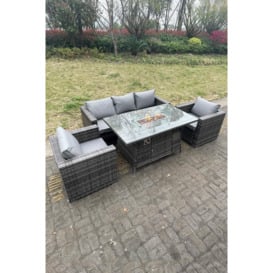 5 Seater Outdoor PE Rattan Garden Furniture Gas Fire Pit Dining Table Lounge Sofa 2 PC Armchairs - thumbnail 3