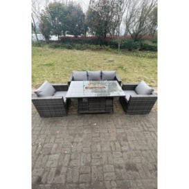 5 Seater Outdoor PE Rattan Garden Furniture Gas Fire Pit Dining Table Lounge Sofa 2 PC Armchairs - thumbnail 1