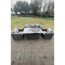 5 Seater Outdoor PE Rattan Garden Furniture Gas Fire Pit Dining Table Lounge Sofa 2 PC Armchairs