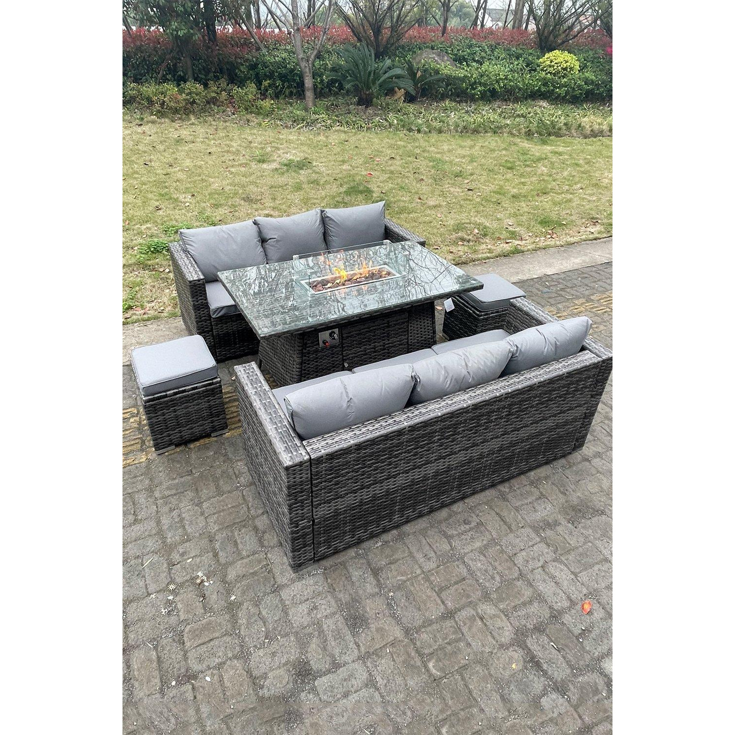 Outdoor PE Rattan Garden Furniture Gas Fire Pit Dining Table Lounge Sofa 2 PC Footstools Dark Grey - image 1