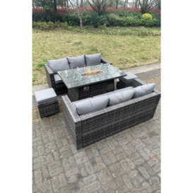 Outdoor PE Rattan Garden Furniture Gas Fire Pit Dining Table Lounge Sofa 2 PC Footstools Dark Grey