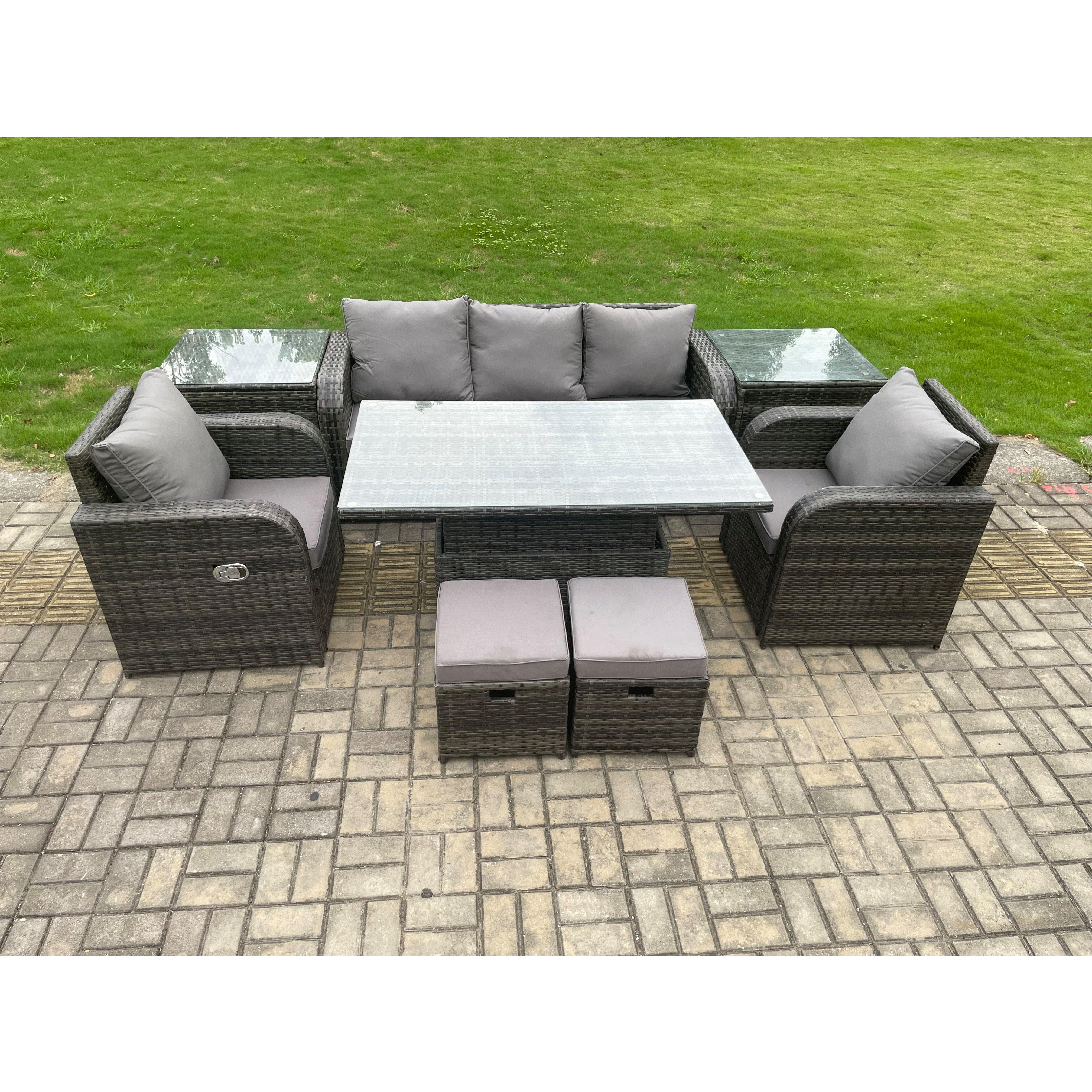 Outdoor Rattan Furniture Garden Dining Sets Adjustable Rising lifting Table Sofa Set With Chair 2 Small Footstools - image 1