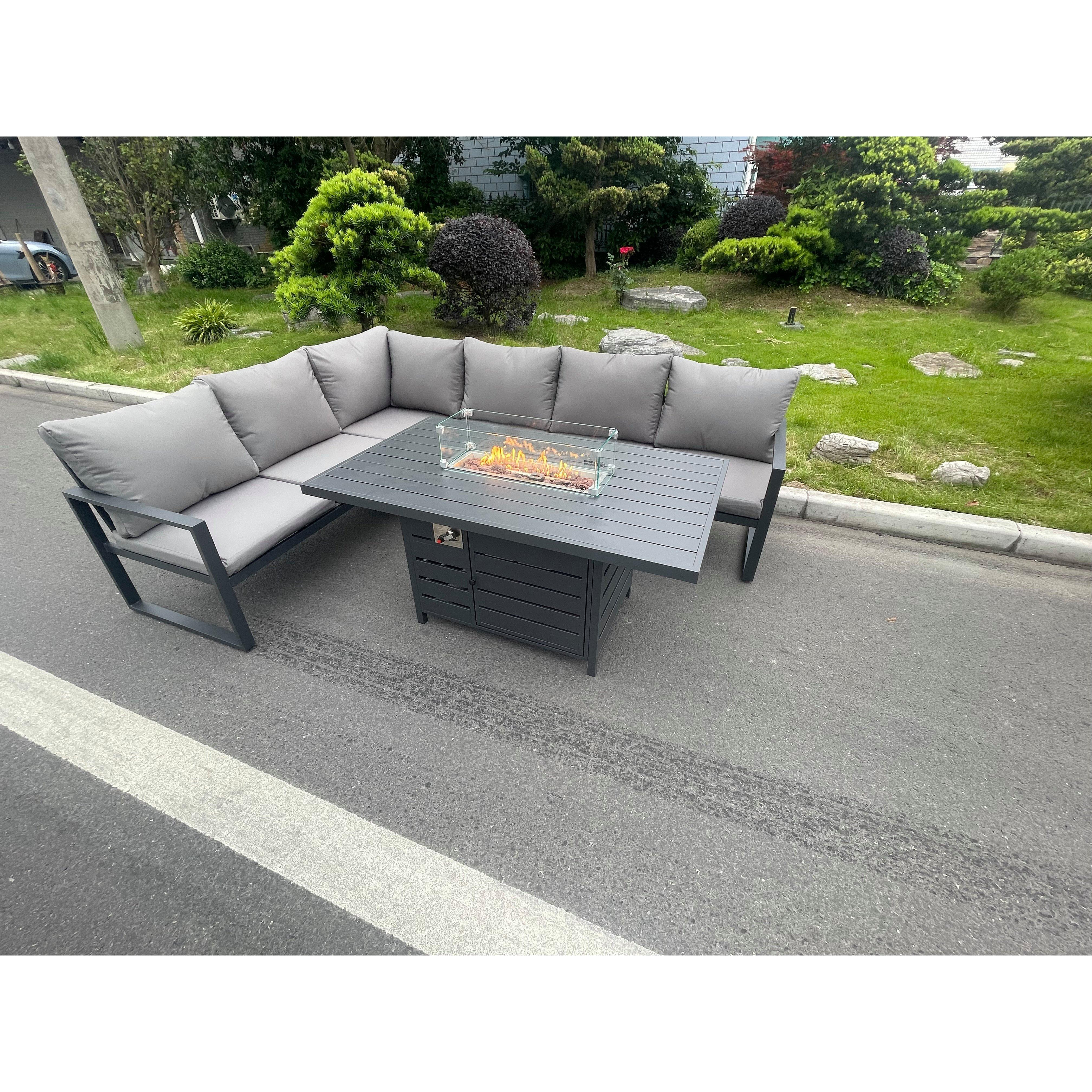 Aluminium Outdoor Garden Furniture Corner Sofa Gas Fire Pit Dining Table Sets Gas Heater Burner Dark Grey 6 Seater - image 1