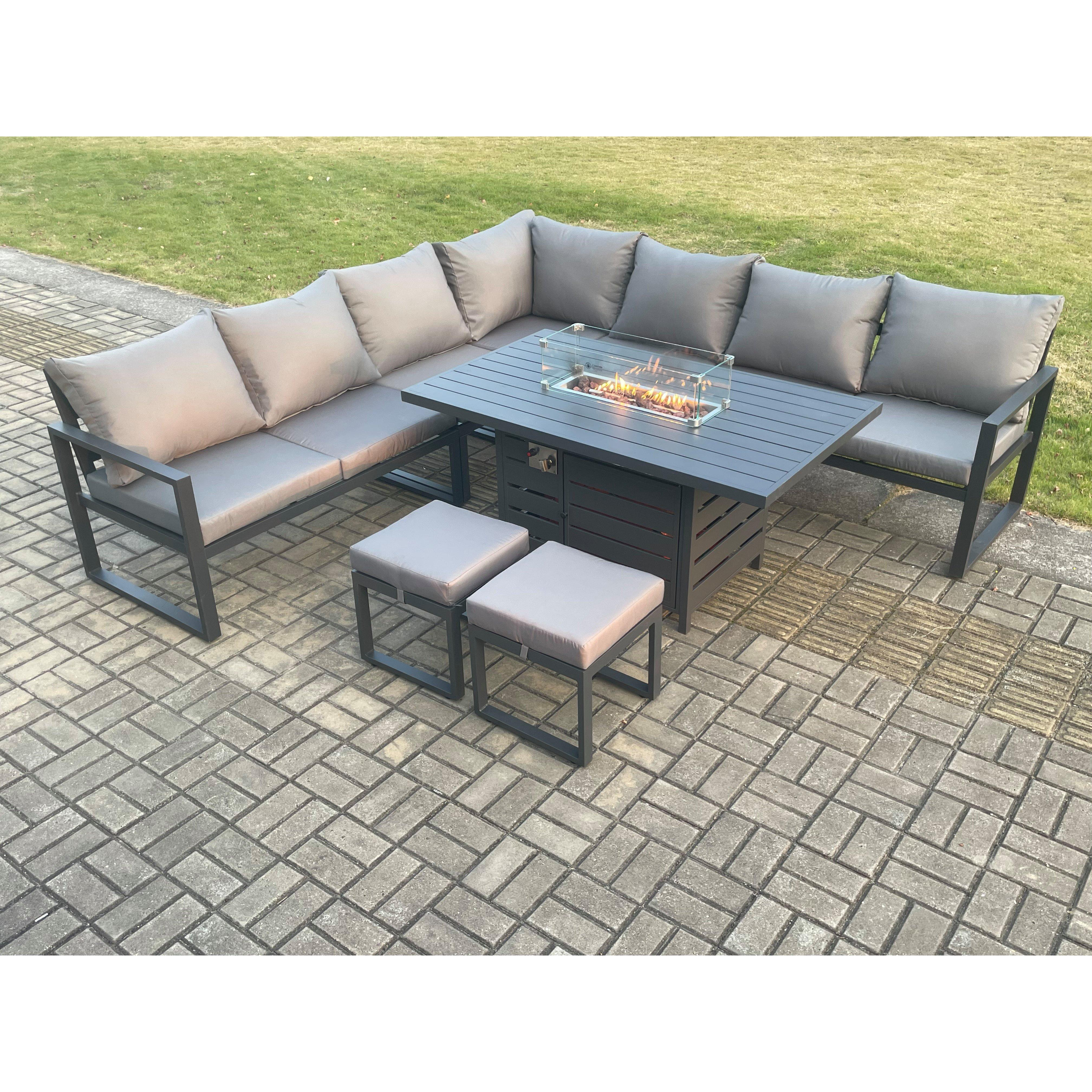 Aluminium 9 Seater Garden Furniture Outdoor Set Patio Lounge Sofa Gas Fire Pit Dining Table Set with Footstools Dark Grey - image 1