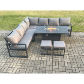 Aluminium 9 Seater Garden Furniture Outdoor Set Patio Lounge Sofa Gas Fire Pit Dining Table Set with Footstools Dark Grey - thumbnail 3