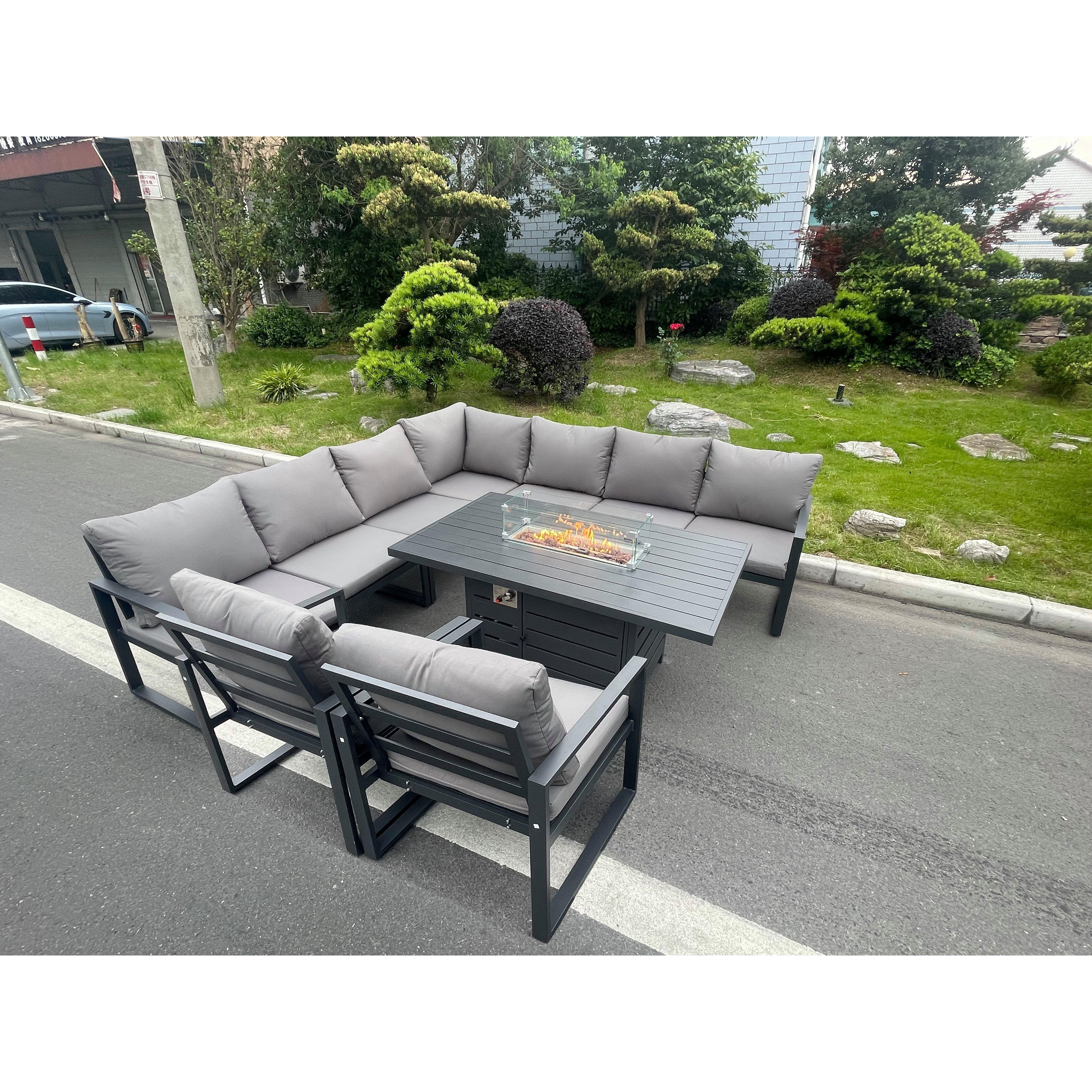 Aluminium 8 Pieces Garden Furniture Corner Sofa Set with Cushions Gas Fire Pit Dining Table Set with 2 Chairs Dark Grey - image 1