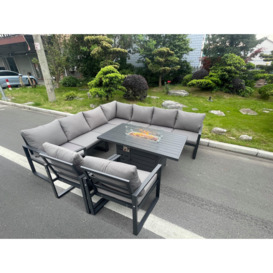 Aluminium 8 Pieces Garden Furniture Corner Sofa Set with Cushions Gas Fire Pit Dining Table Set with 2 Chairs Dark Grey - thumbnail 1