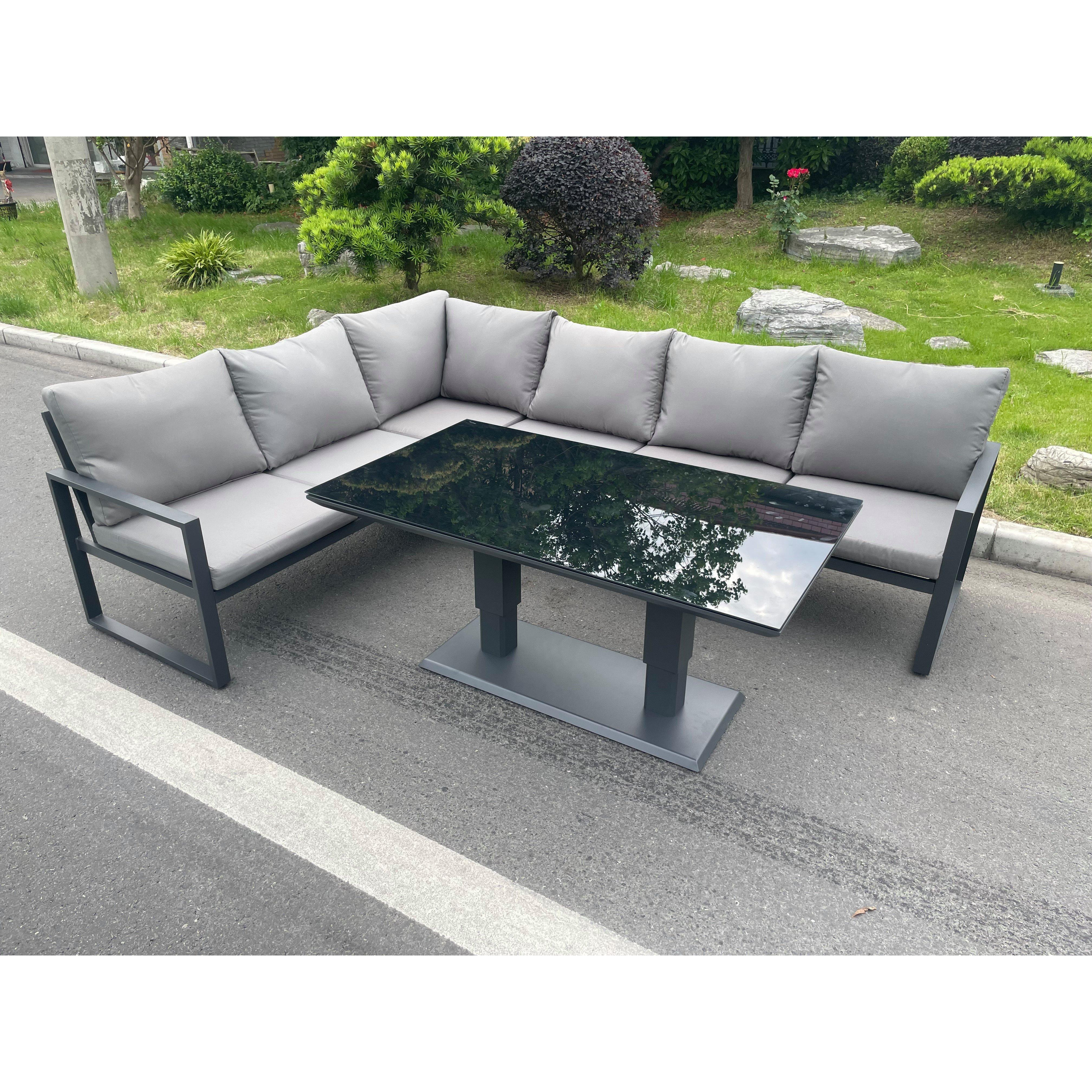 Aluminum Outdoor Garden Furniture Corner Sofa Adjustable Rising Lifting Dining Table Sets Dark Grey Black Tempered Glass 6 Seater - image 1