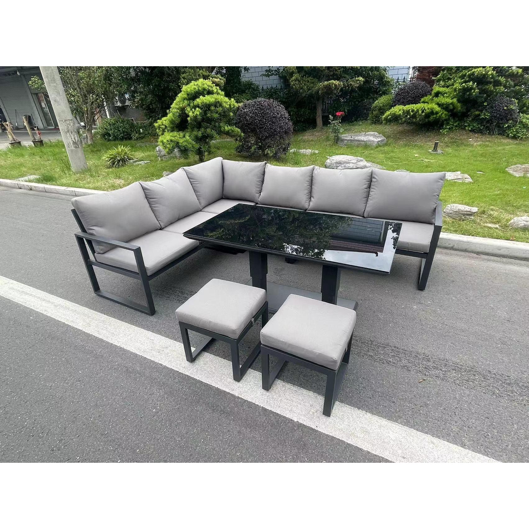 Aluminum Outdoor Garden Furniture Corner Sofa Adjustable Rising Lifting Table Sets Dark Grey Black Tempered Glass 8 Seater - image 1