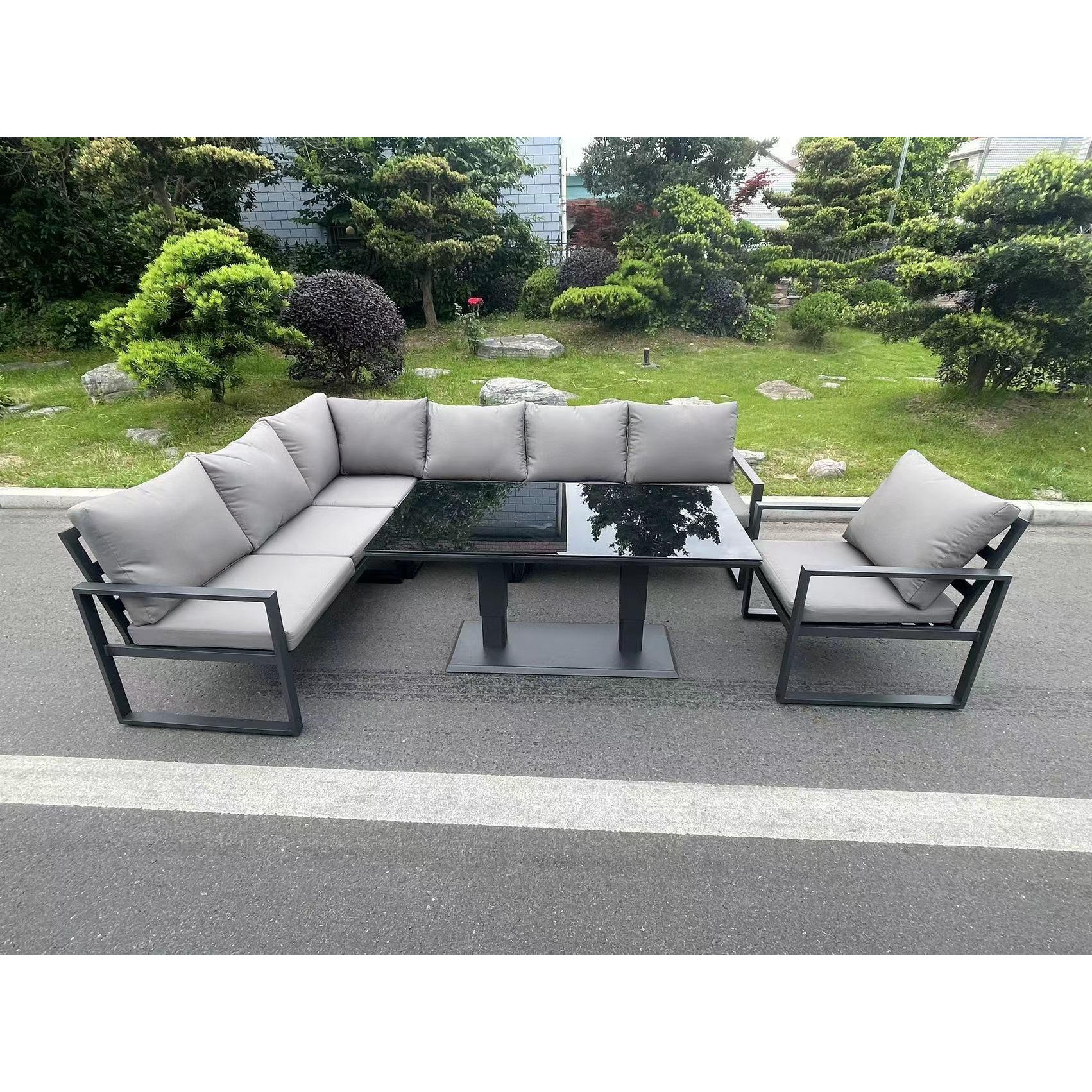 Aluminum Outdoor Garden Furniture Corner Sofa Chair Adjustable Rising Lifting Dining Table Sets Dark Grey Black Tempered Glass 7 Seater - image 1