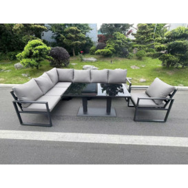 Aluminum Outdoor Garden Furniture Corner Sofa Chair Adjustable Rising Lifting Dining Table Sets Dark Grey Black Tempered Glass 7 Seater