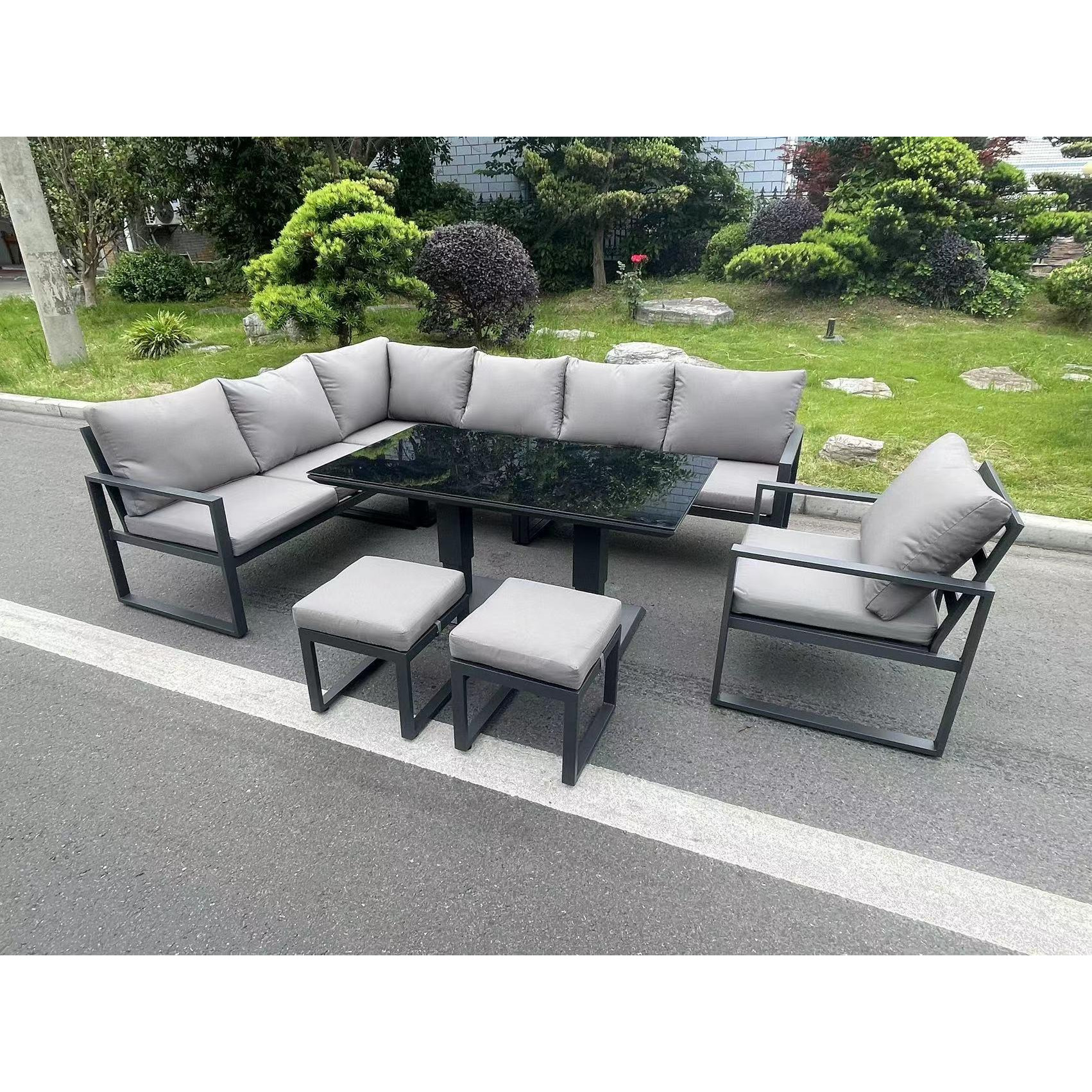 Aluminum Outdoor Garden Furniture Corner Sofa Chair Footstools Adjustable Rising Lifting Dining Table Sets Black Tempered Glass 9 Seater - image 1