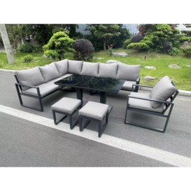 Aluminum Outdoor Garden Furniture Corner Sofa Chair Footstools Adjustable Rising Lifting Dining Table Sets Black Tempered Glass 9 Seater