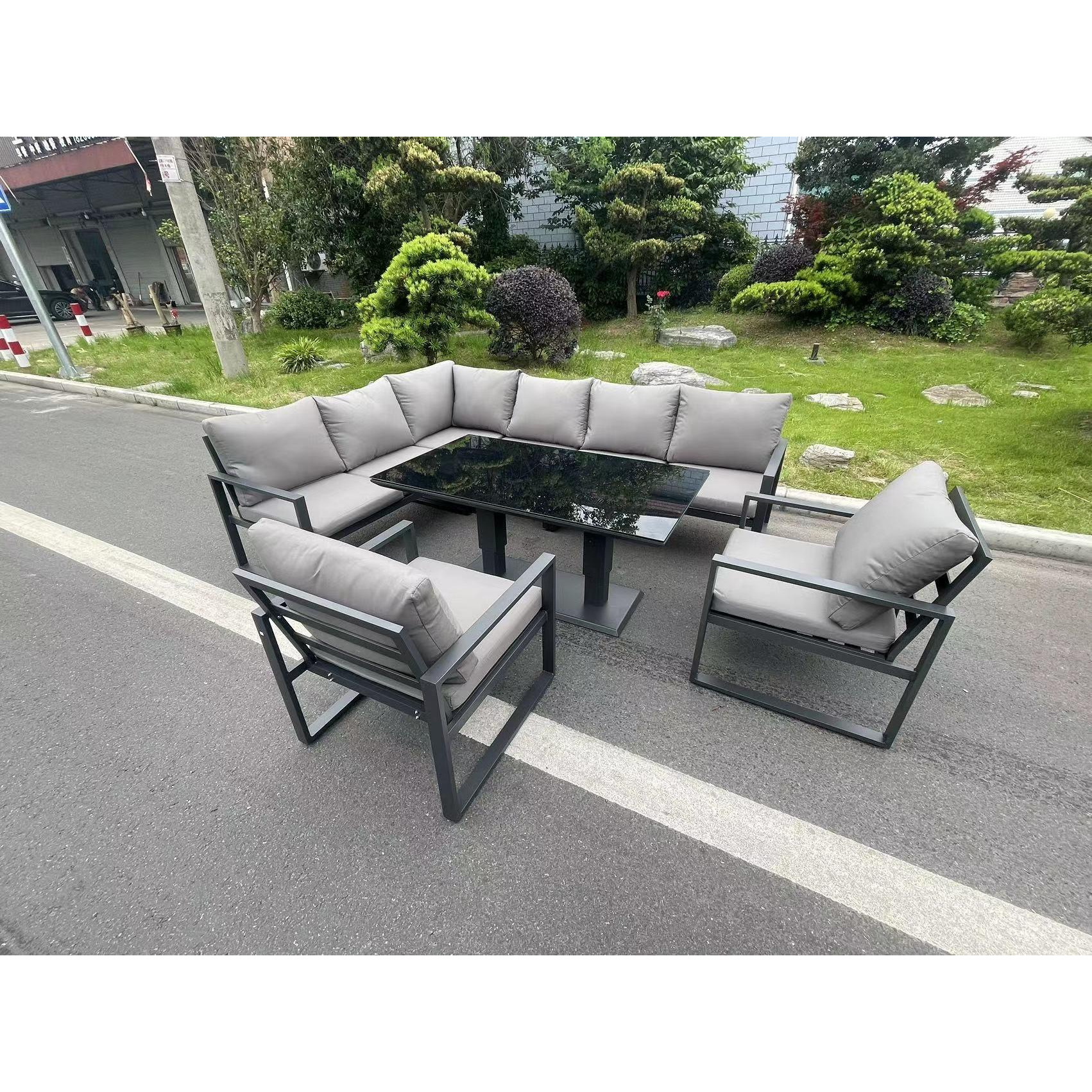 Aluminum Outdoor Garden Furniture Corner Sofa Chair Adjustable Rising Lifting Dining Table Sets Black Tempered Glass Dark Grey 8 Seater - image 1