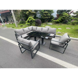 Aluminum Outdoor Garden Furniture Corner Sofa Chair Adjustable Rising Lifting Dining Table Sets Black Tempered Glass Dark Grey 8 Seater - thumbnail 1