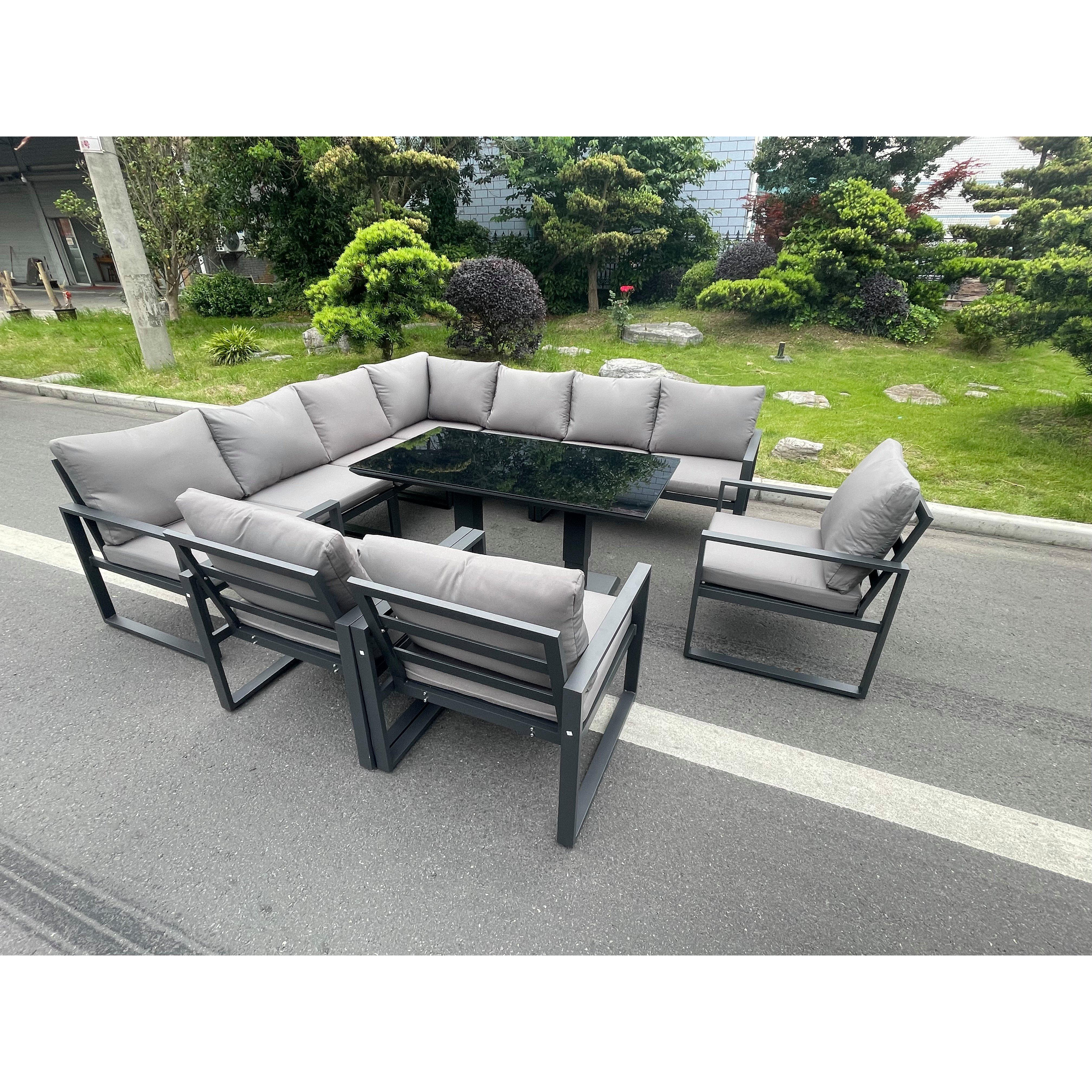 Aluminum Outdoor Garden Furniture Corner Sofa 3 Arm Chair Adjustable Rising Lifting Dining Table Set Dark Grey 10 Seater - image 1
