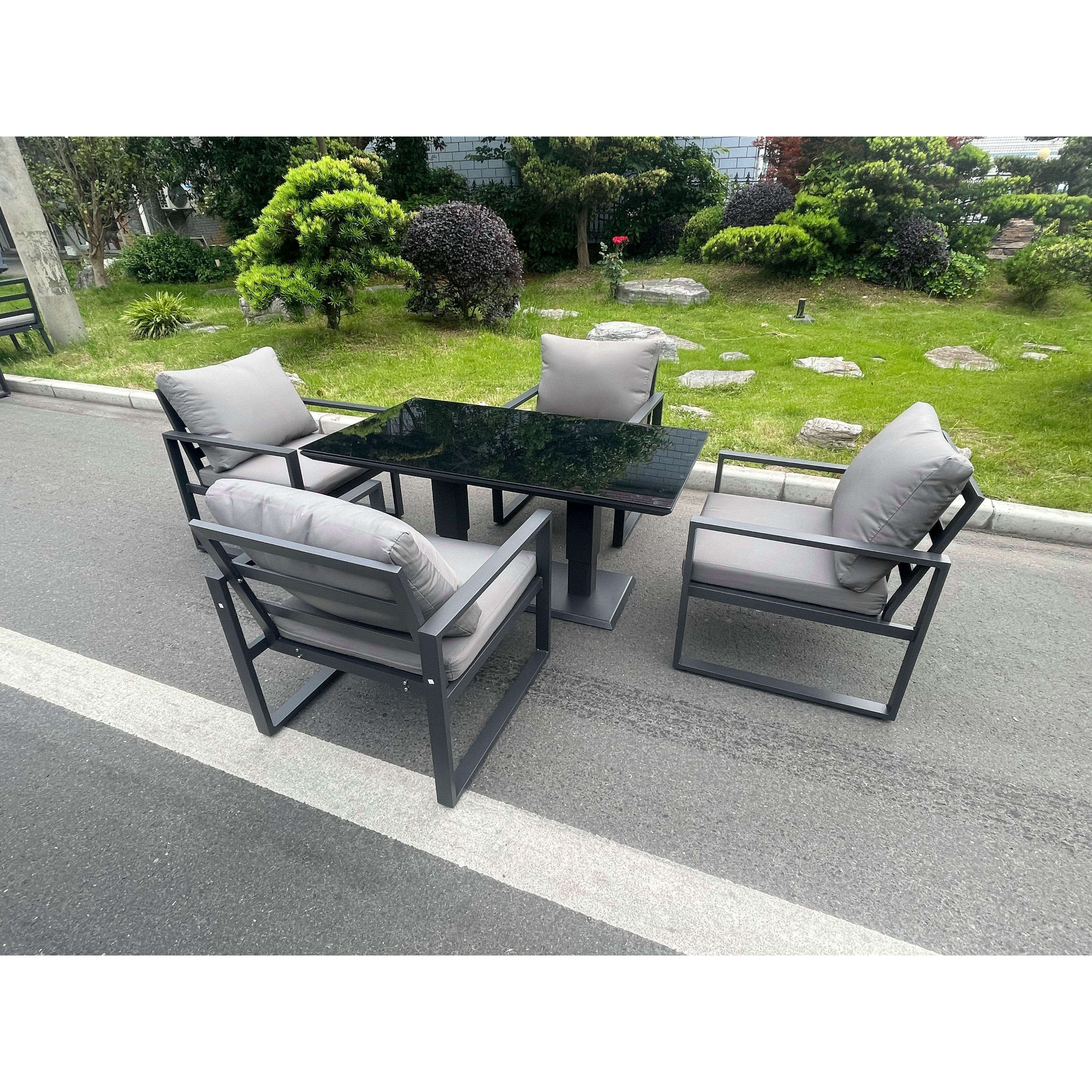 Aluminum Garden Furniture Dining Set Adjustable Rising Lifting Table And Chairs Patio Outdoor 4 Seat Plus Black Tempered Glass Dark Grey - image 1