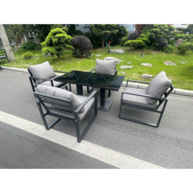 Aluminum Garden Furniture Dining Set Adjustable Rising Lifting Table And Chairs Patio Outdoor 4 Seat Plus Black Tempered Glass Dark Grey