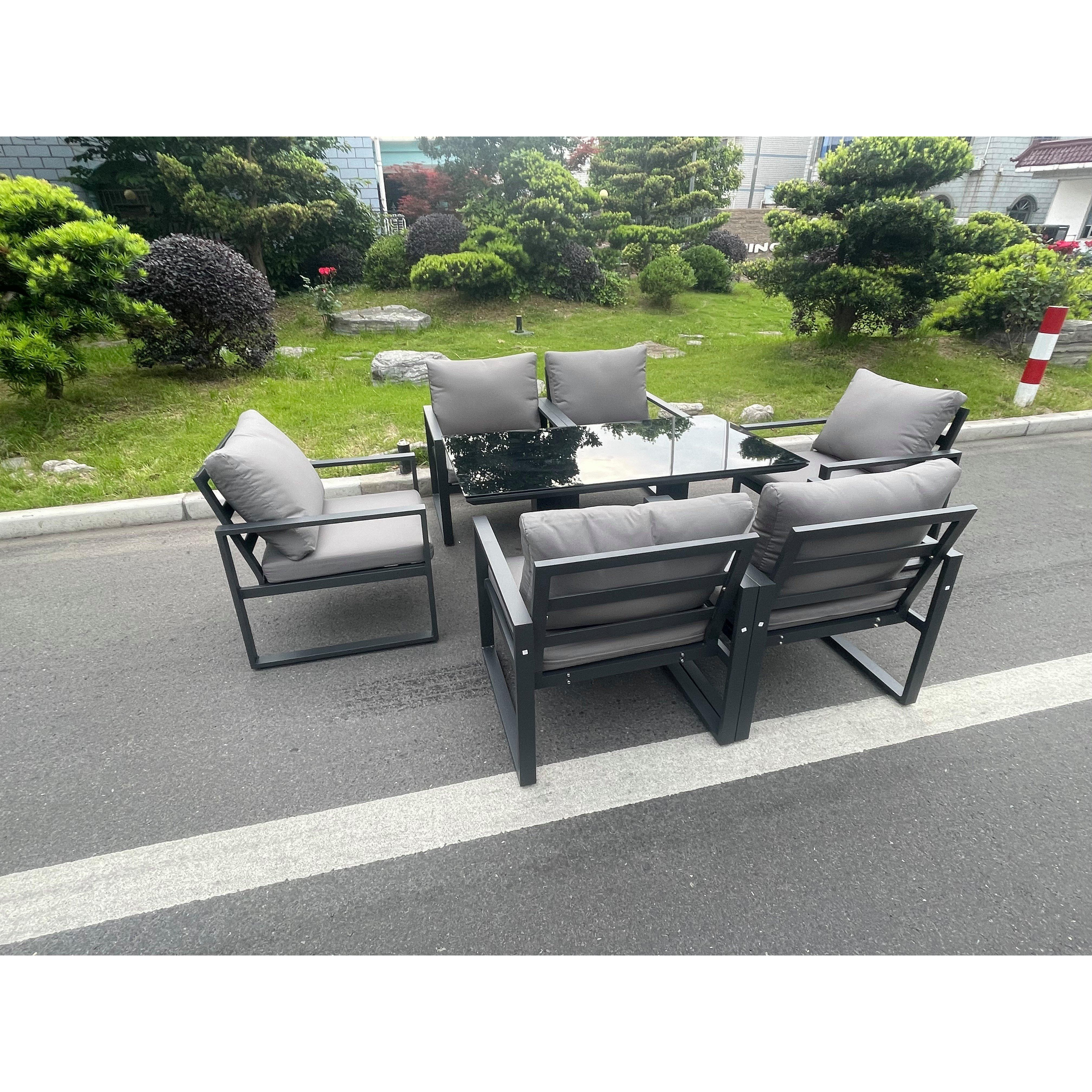 Aluminum Garden Furniture Dining Set Adjustable Rising Lifting Table And Chairs Patio Outdoor 6 Seat Black Tempered Glass Dark Grey - image 1