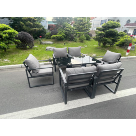 Aluminum Garden Furniture Dining Set Adjustable Rising Lifting Table And Chairs Patio Outdoor 6 Seat Black Tempered Glass Dark Grey - thumbnail 3