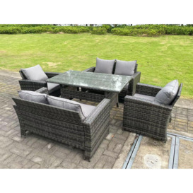 6 Seater Outdoor Dark Grey Mixed High Back Rattan Sofa Dining Table Set Garden Furniture Arm Chairs Love Sofa - thumbnail 3