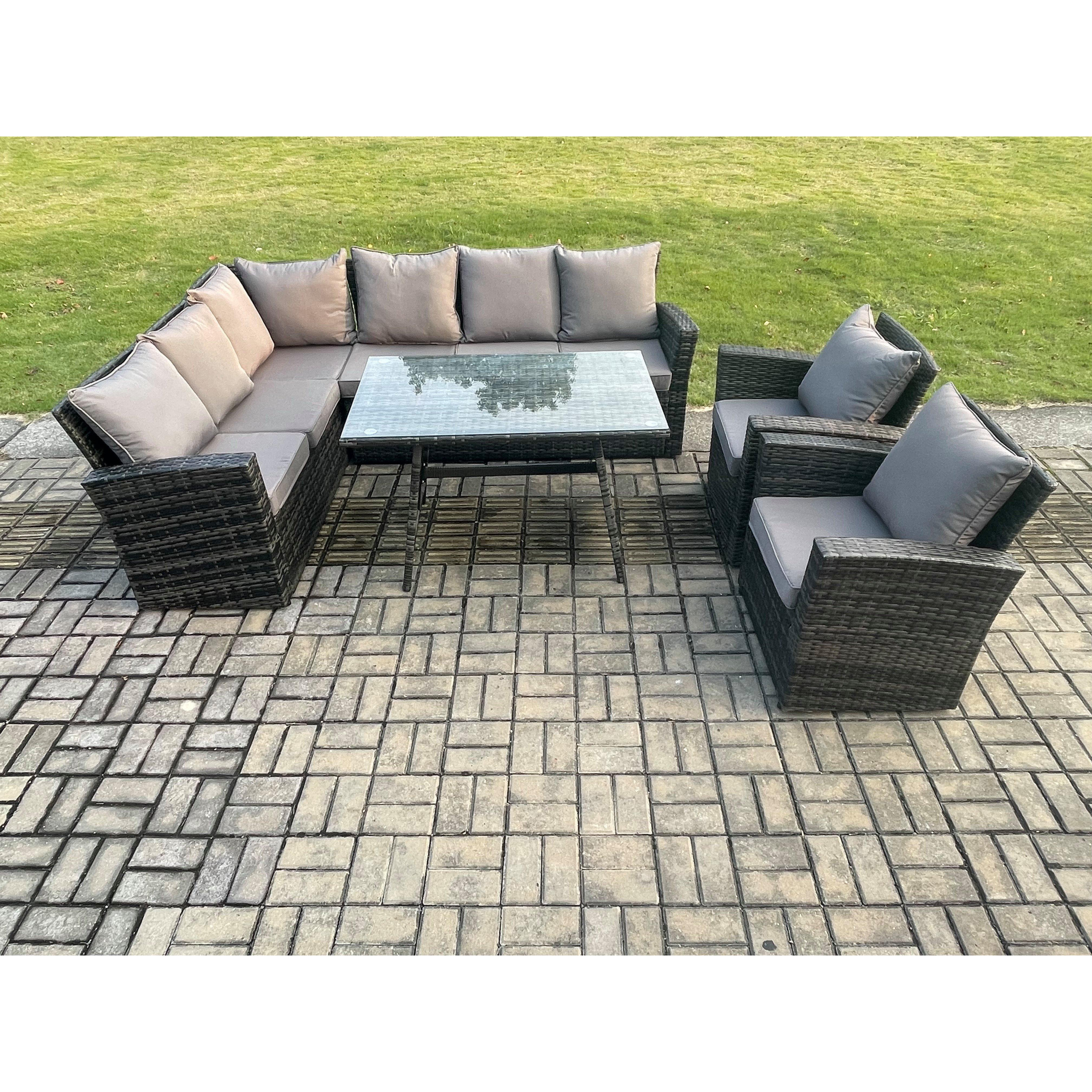 High Back Outdoor Garden Furniture Set Rattan Corner Sofa Dining Table Set With 2 Armchairs 8 Seater - image 1