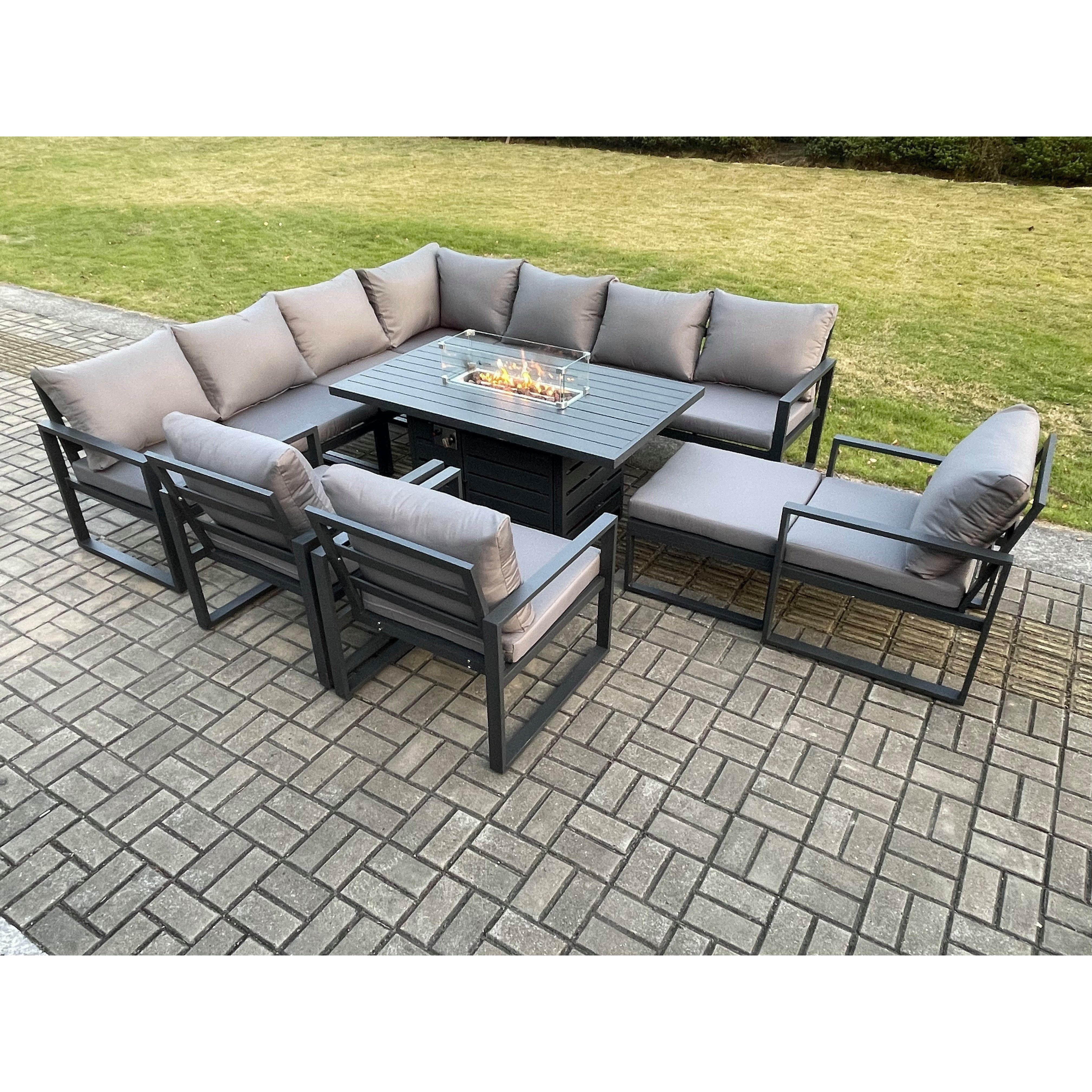 Aluminium 11 Seater Garden Furniture Outdoor Set Patio Lounge Sofa Gas Fire Pit Dining Table Set with 3 Chairs Big Footstool Dark Grey - image 1