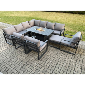 Aluminium 11 Seater Garden Furniture Outdoor Set Patio Lounge Sofa Gas Fire Pit Dining Table Set with 3 Chairs Big Footstool Dark Grey