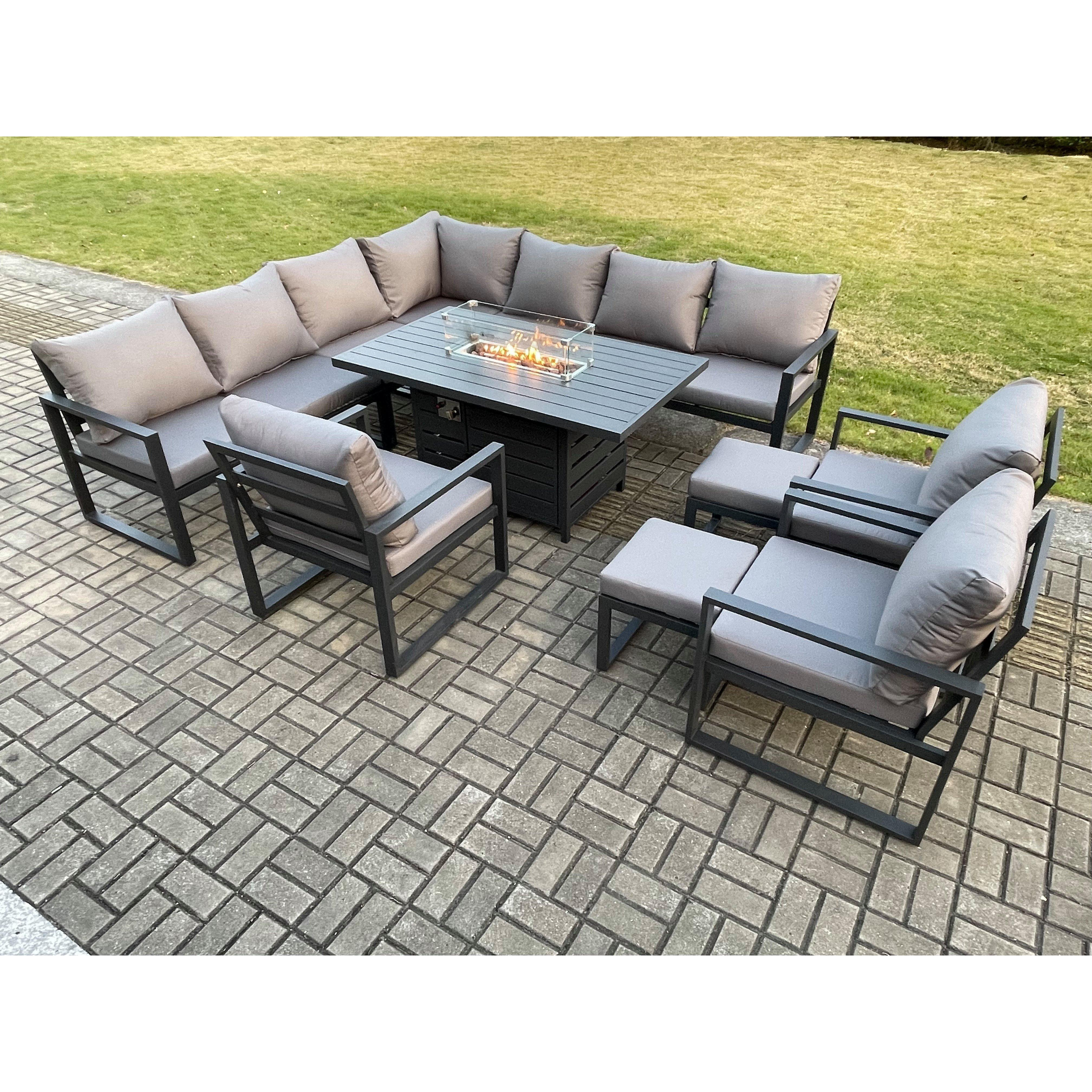 Aluminium 12 Seater Garden Furniture Outdoor Set Patio Lounge Sofa Gas Fire Pit Dining Table Set with 3 Chairs Dark Grey - image 1