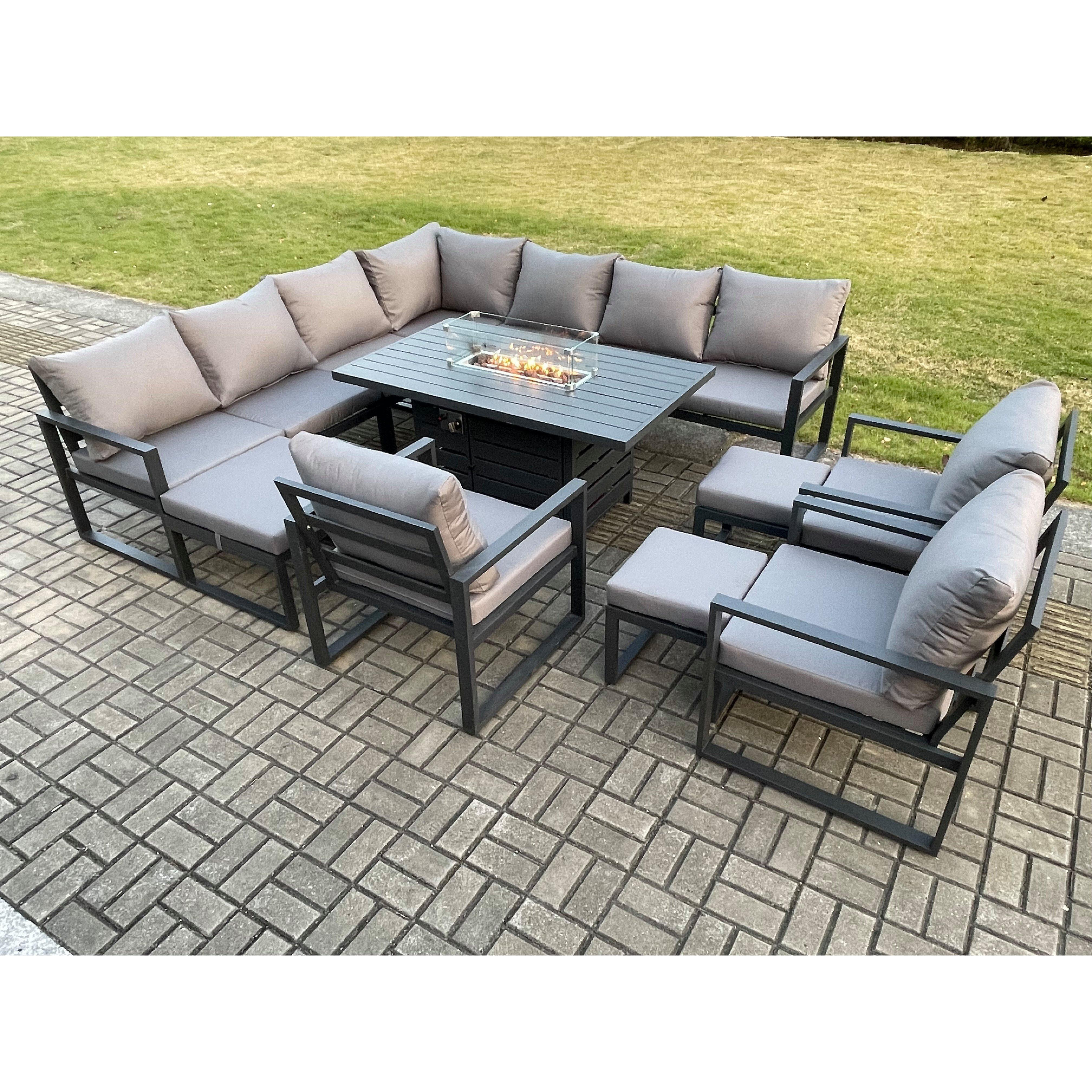 Aluminium Lounge Corner Sofa Outdoor Garden Furniture Sets Gas Fire Pit Dining Table Set with 3 Chairs 3 Footstools Dark Grey - image 1