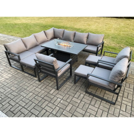 Aluminium Lounge Corner Sofa Outdoor Garden Furniture Sets Gas Fire Pit Dining Table Set with 3 Chairs 3 Footstools Dark Grey