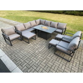 Aluminium Lounge Corner Sofa Outdoor Garden Furniture Sets Gas Fire Pit Dining Table Set with 3 Chairs 3 Footstools Dark Grey - thumbnail 2