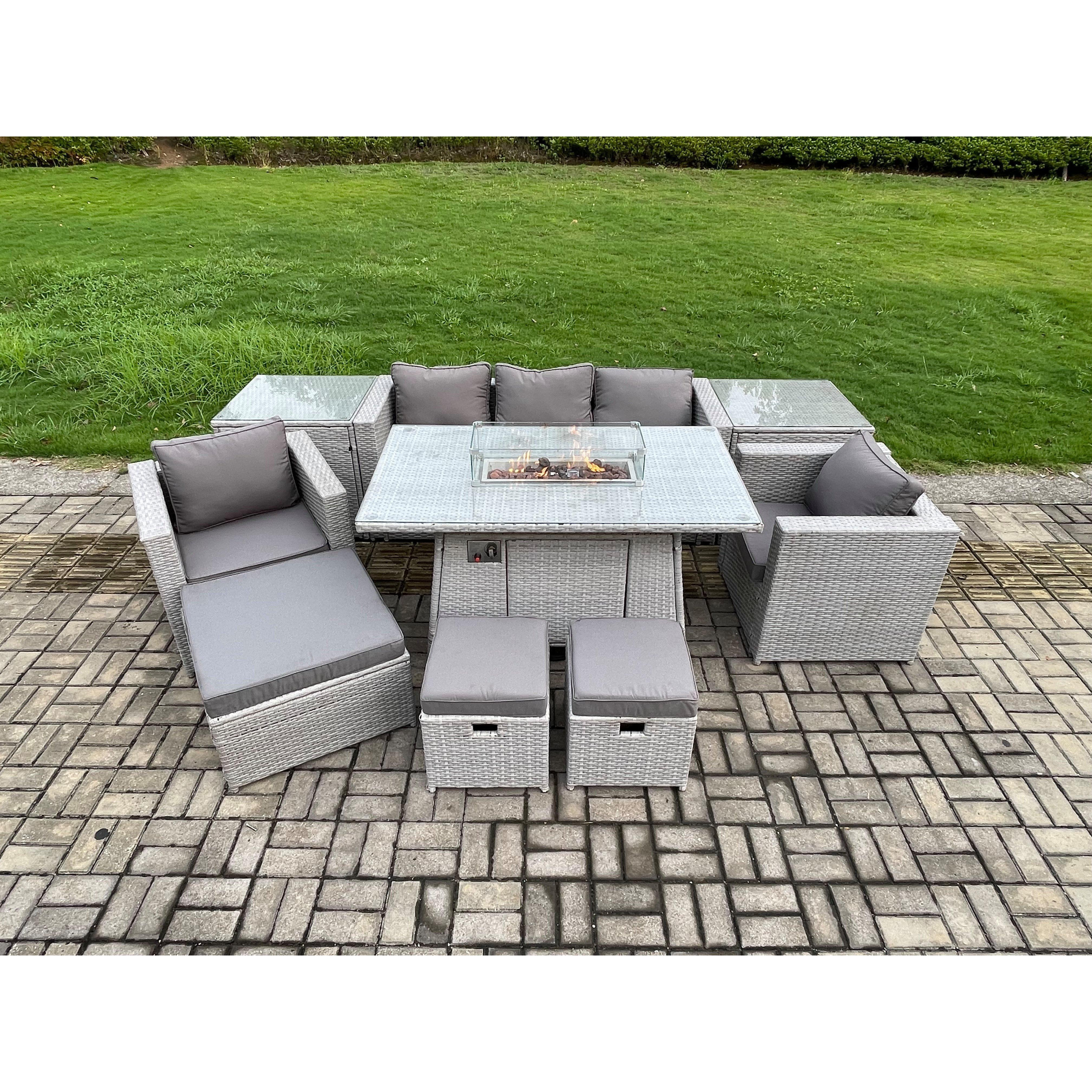 Outdoor Garden Dining Sets Rattan Furniture Gas Fire Pit Dining Table With 2 Armchairs 2 Side Tables - image 1